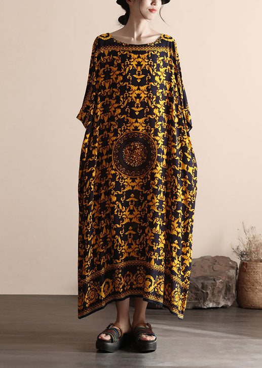 Yellow O Neck Print Patchwork Cotton Beach Dress Summer
