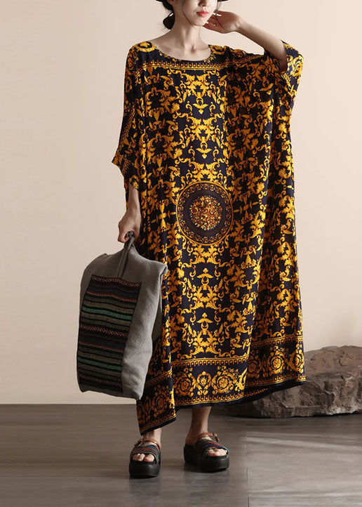 Yellow O Neck Print Patchwork Cotton Beach Dress Summer