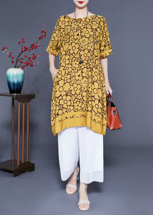 Yellow O-neck Print Silk Maxi Dress Summer