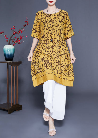 Yellow O-neck Print Silk Maxi Dress Summer