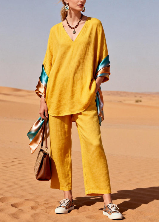 Yellow Oversized Patchwork Shawl Cotton Two Piece Set Clothing Spring