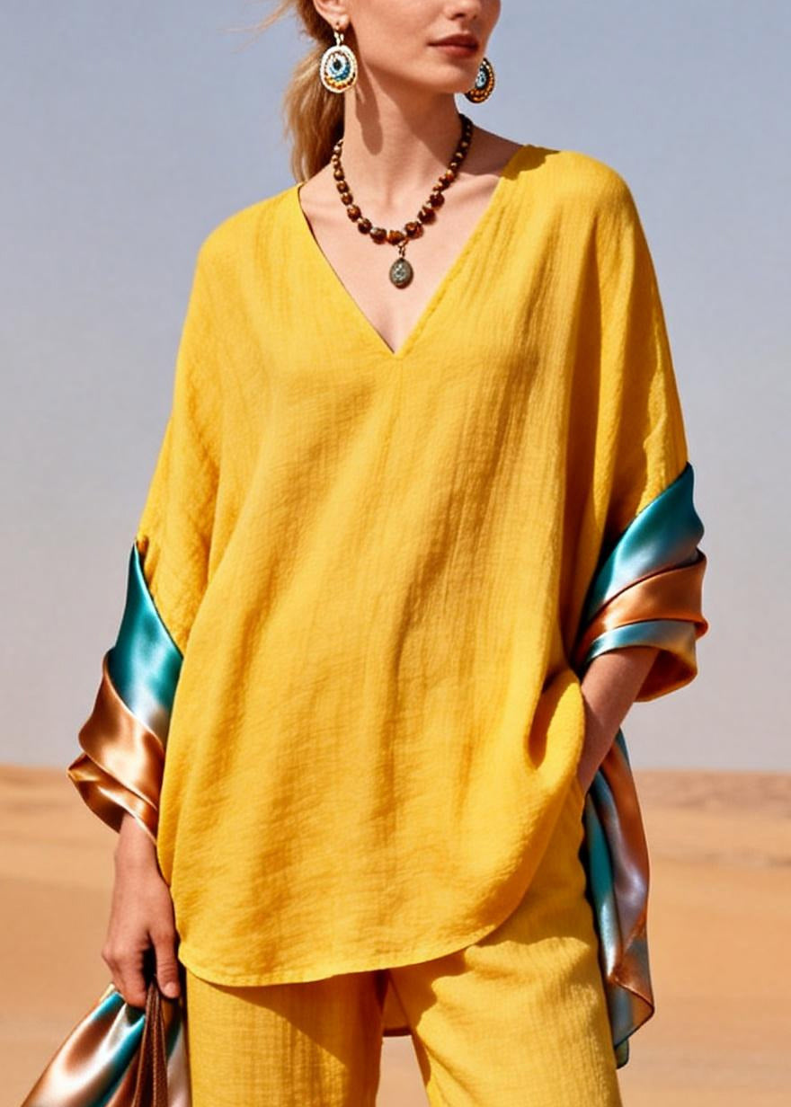 Yellow Oversized Patchwork Shawl Cotton Two Piece Set Clothing Spring