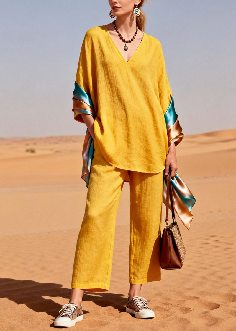 Yellow Oversized Patchwork Shawl Cotton Two Piece Set Clothing Spring
