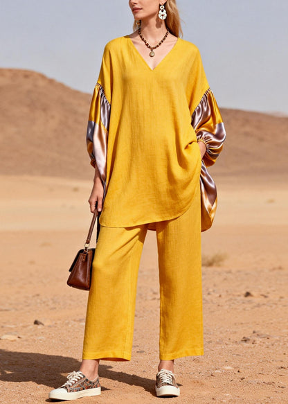 Yellow Oversized Patchwork Silk Cotton Two Pieces Set Spring