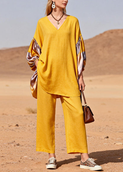 Yellow Oversized Patchwork Silk Cotton Two Pieces Set Spring