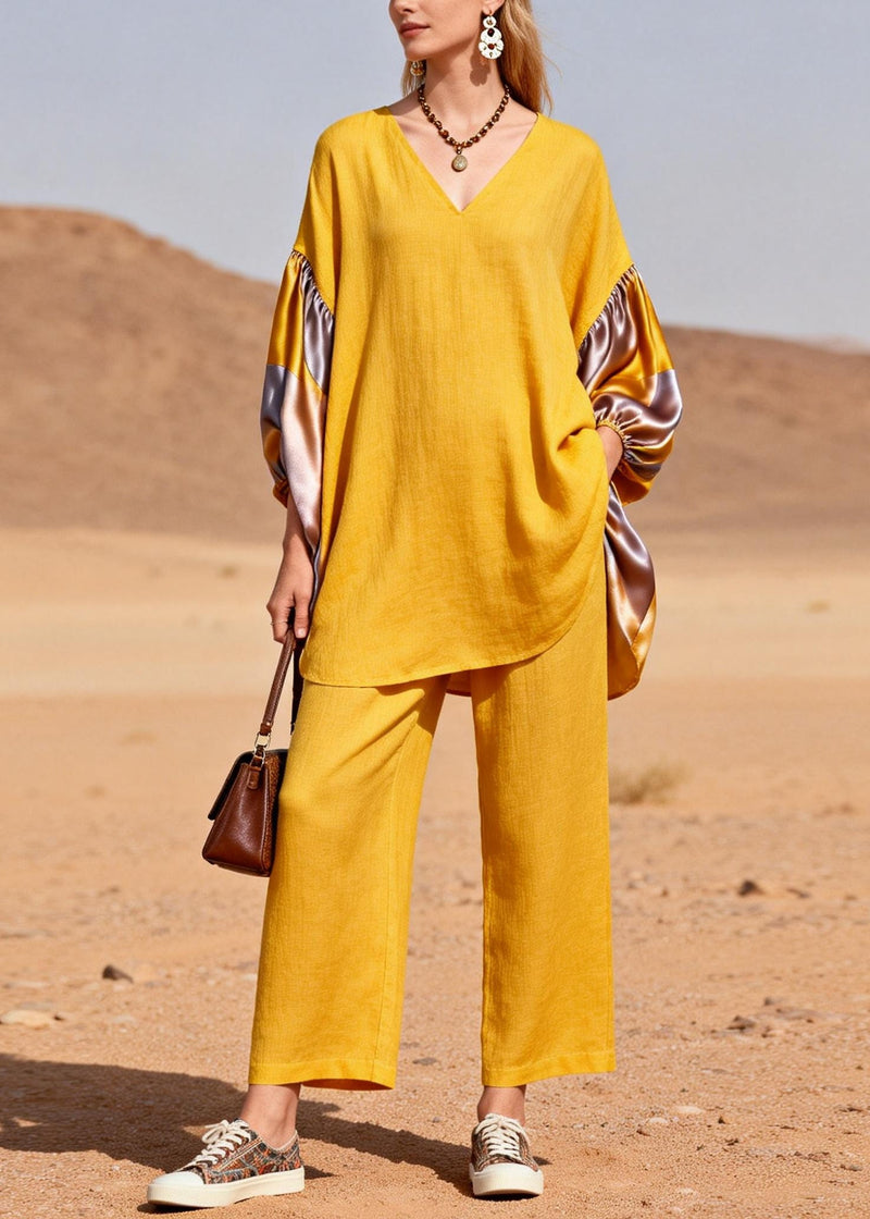 Yellow Oversized Patchwork Silk Cotton Two Pieces Set Spring