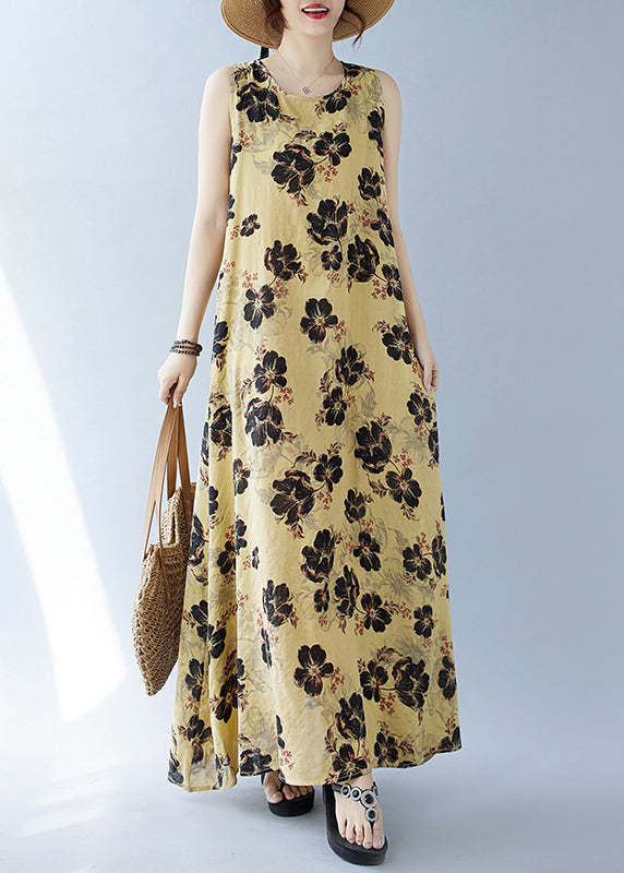 Yellow Oversized Print Cotton Dresses Sleeveless