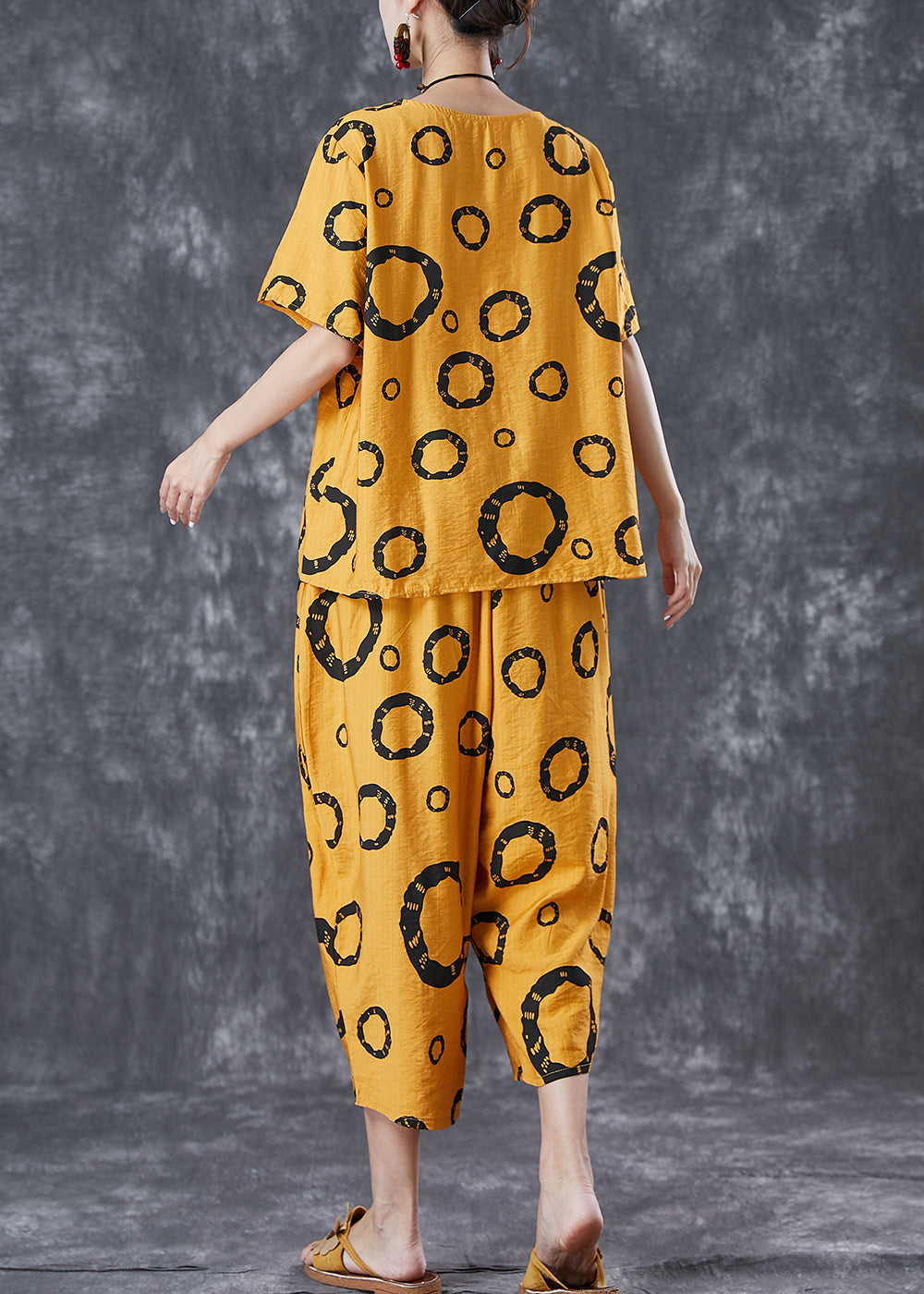 Yellow Oversized Print Cotton Two Pieces Set Summer