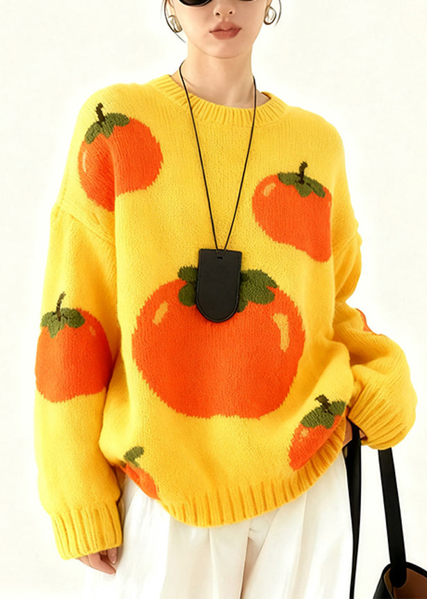 Yellow Oversized Tomato Jacquard Knit Pullover Winter