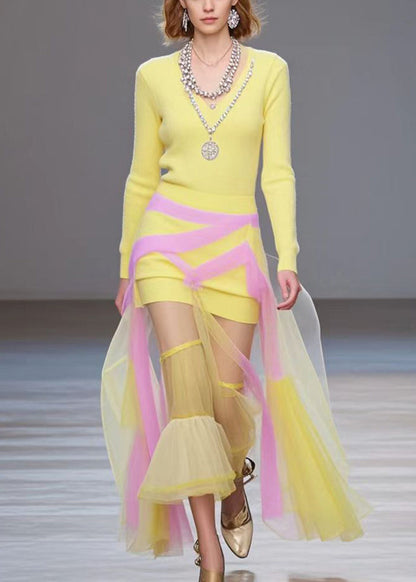 Yellow Patchwork Tulle Long Knit Dress Fall