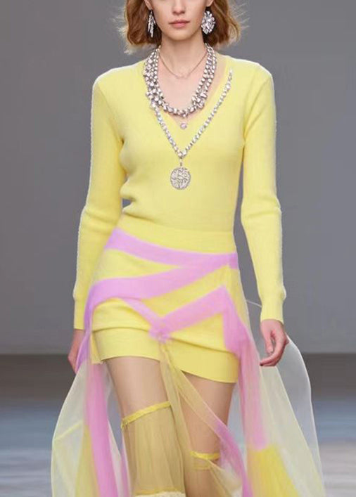 Yellow Patchwork Tulle Long Knit Dress Fall