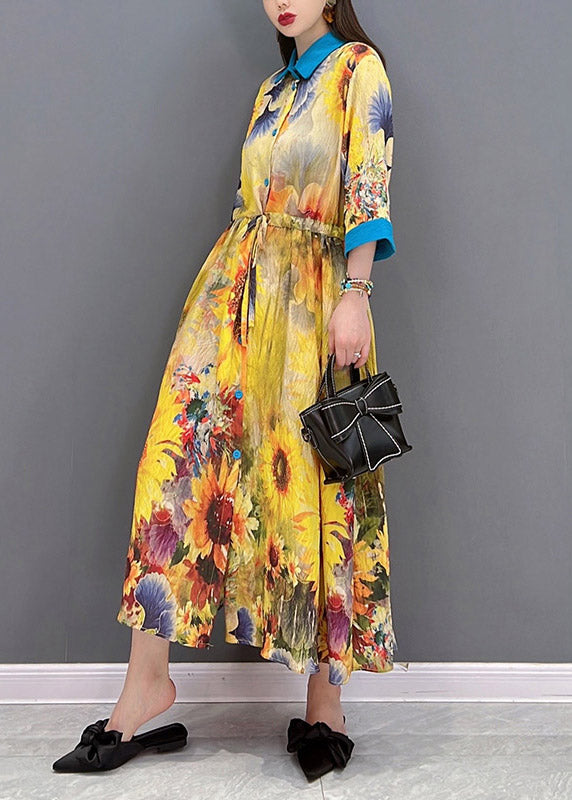 Yellow Peter Pan Collar Print Button Tie Waist Dresses Half Sleeve