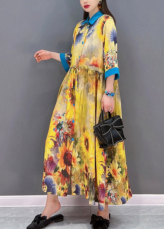 Yellow Peter Pan Collar Print Button Tie Waist Dresses Half Sleeve