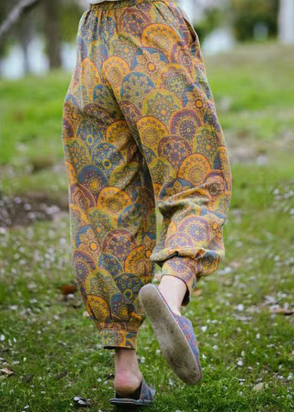 Yellow Pockets Print Cotton Lantern Pants Spring