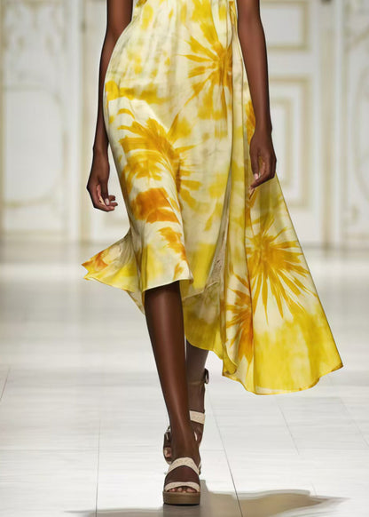 Yellow Print Chiffon Cami Dresses Summer
