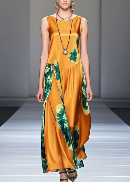 Yellow Print Draping Silk Maxi Dresses Sleeveless