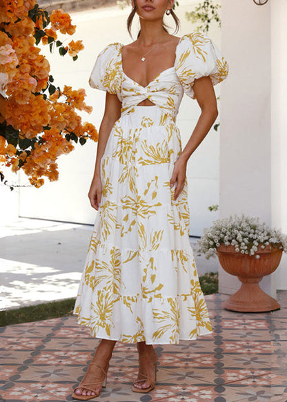 Yellow Print Hollow Out Cotton Long Dress Summer