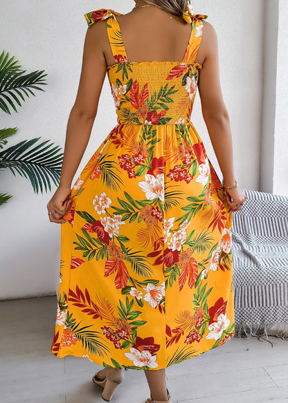Yellow Print Lace Up Cotton Spaghetti Strap Dress Summer