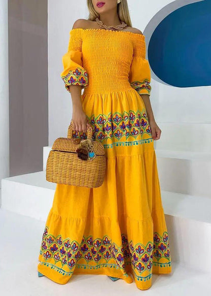 Yellow Slash Neck Print Cotton Maxi Dresses Summer