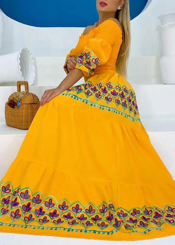 Yellow Slash Neck Print Cotton Maxi Dresses Summer