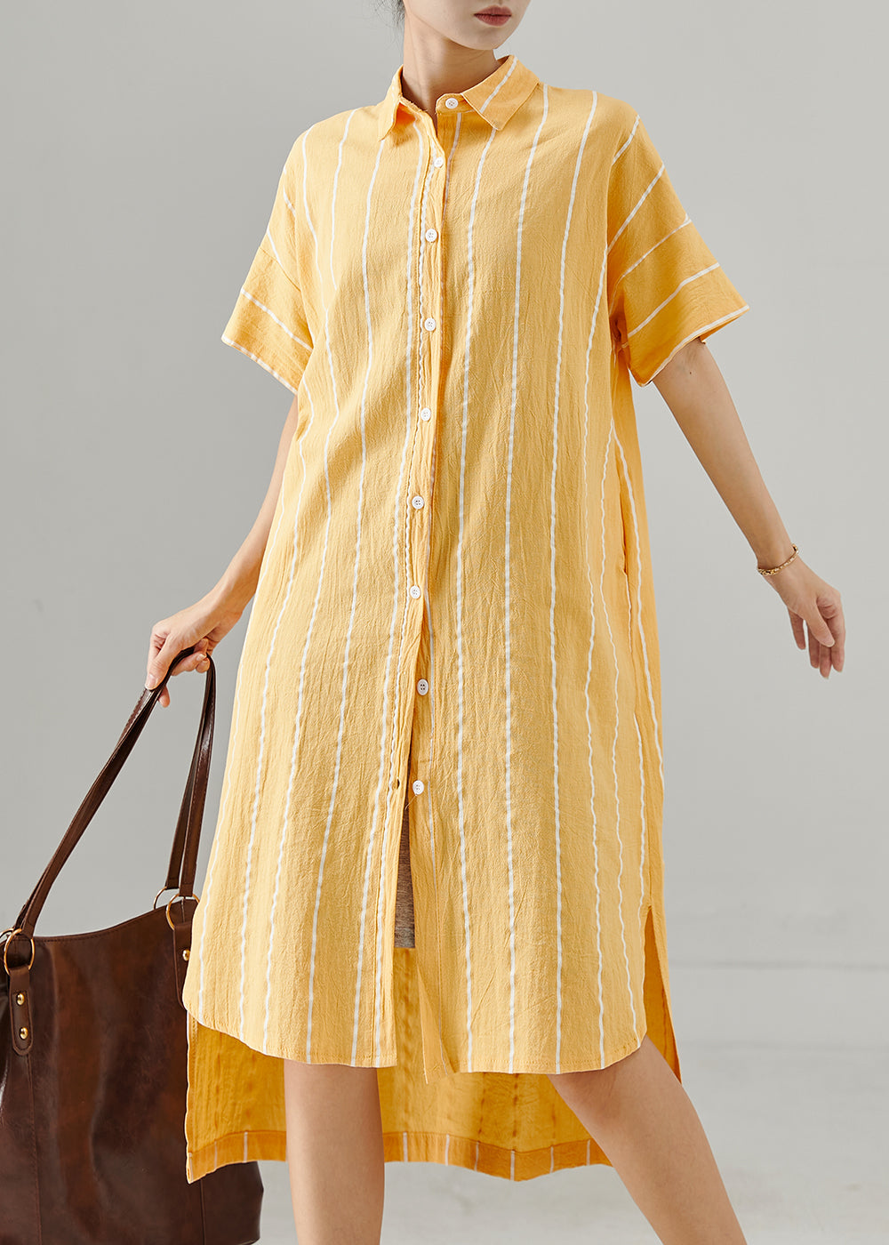 Yellow Striped Low High Design Cotton Dresses Summer