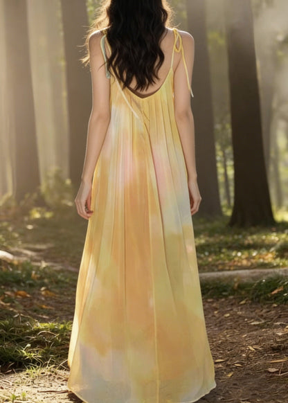 Yellow Tie Dye Backless Chiffon Spaghetti Strap Dress Sleeveless