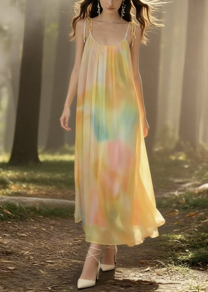 Yellow Tie Dye Backless Chiffon Spaghetti Strap Dress Sleeveless