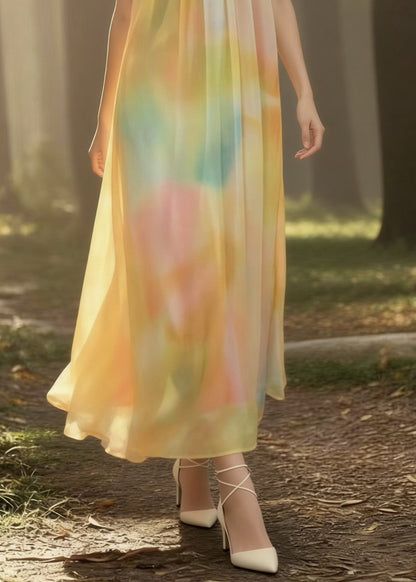 Yellow Tie Dye Backless Chiffon Spaghetti Strap Dress Sleeveless