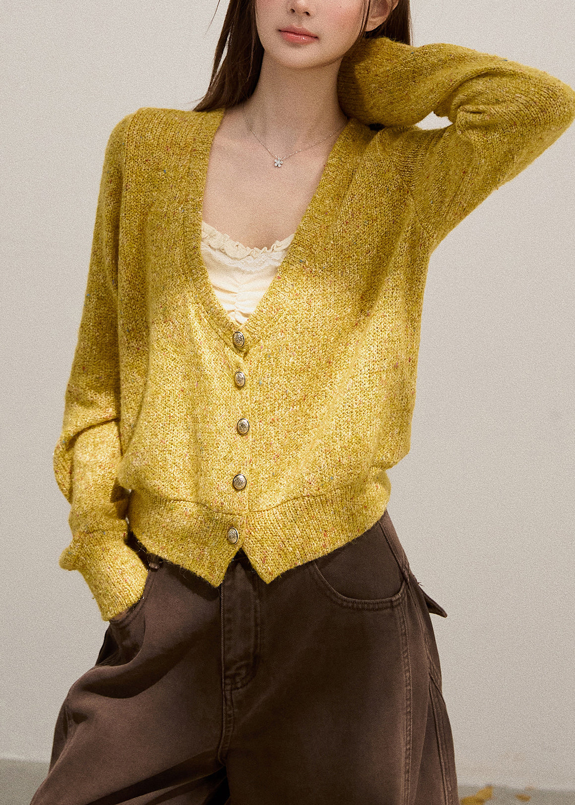 Yellow V Neck Button Down Knit Cardigans Fall