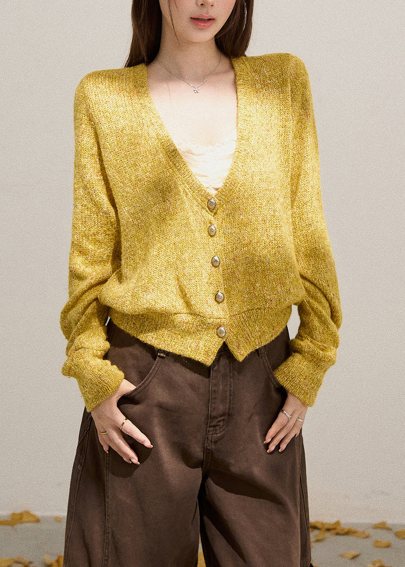 Yellow V Neck Button Down Knit Cardigans Fall