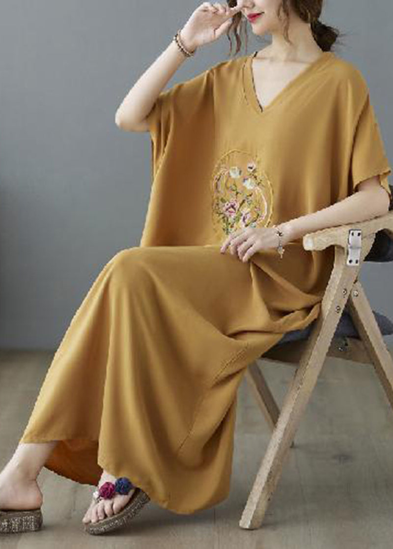 Yellow V Neck Embroideried Cotton Long Dresses Summer
