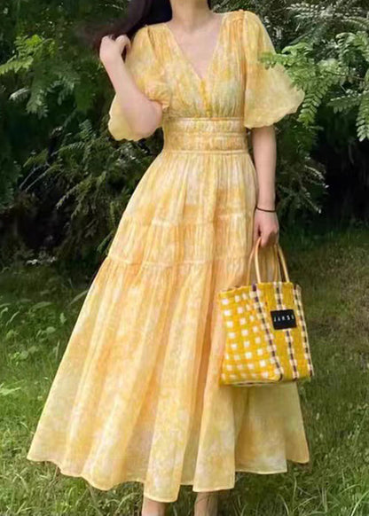 Yellow V Neck Print Chiffon Long Dress Summer
