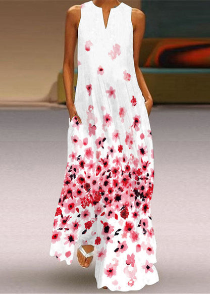 Yellow V Neck Print Chiffon Maxi Dress Sleeveless