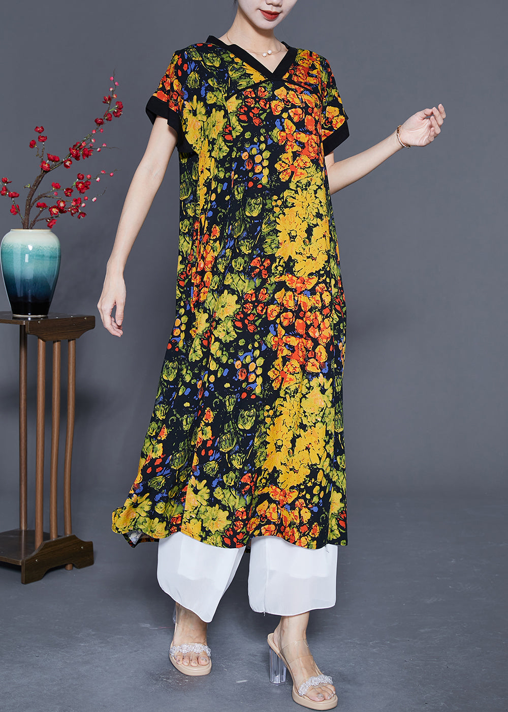 Yellow V Neck Print Cotton Dress Summer