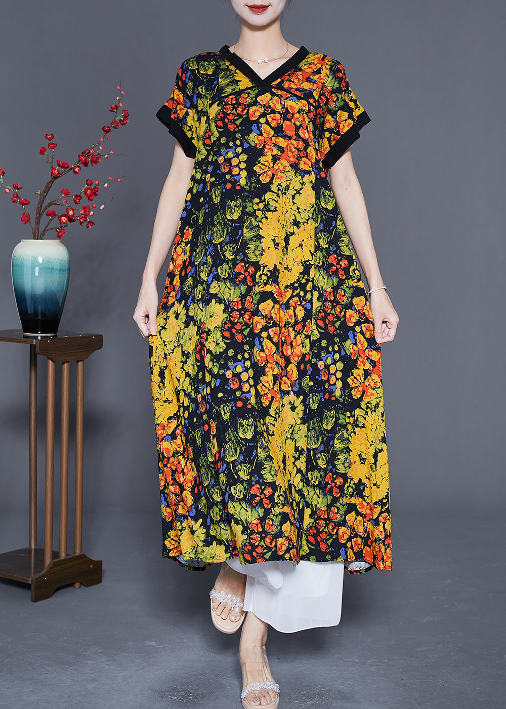 Yellow V Neck Print Cotton Dress Summer