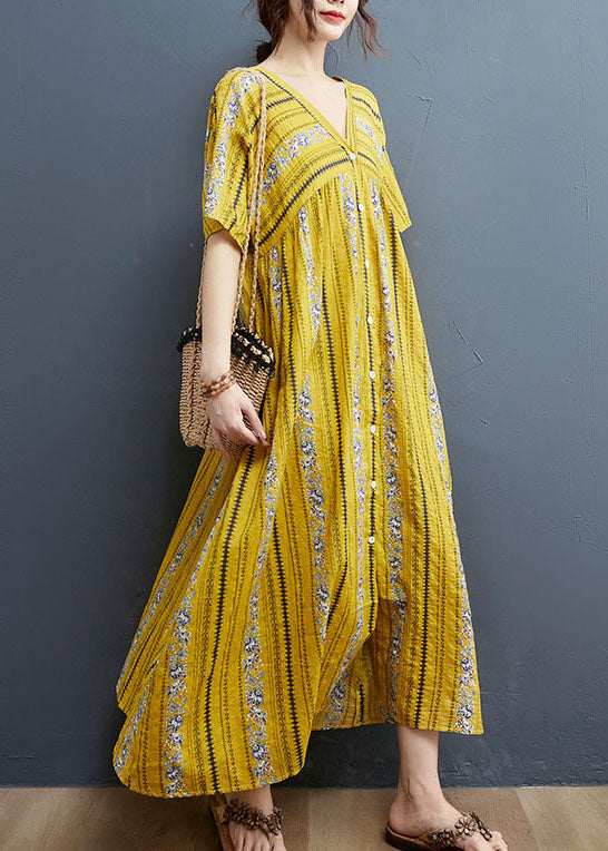 Yellow V Neck Print Cotton Holiday Dress Short Sleeve