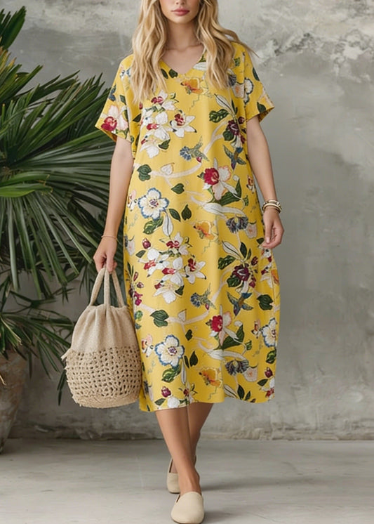 Yellow V Neck Print Loose Cotton Dress Summer