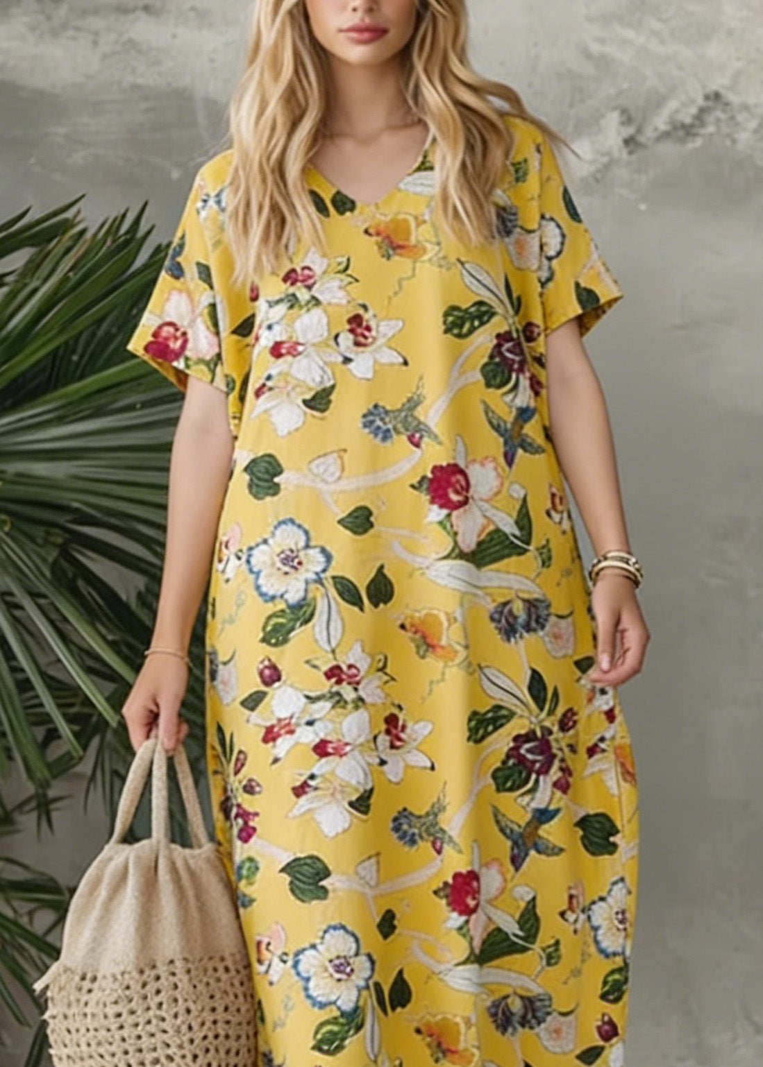 Yellow V Neck Print Loose Cotton Dress Summer