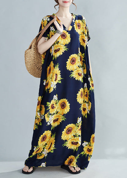 Yellow V Neck Sunflower Maxi Dress Summer
