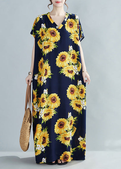 Yellow V Neck Sunflower Maxi Dress Summer