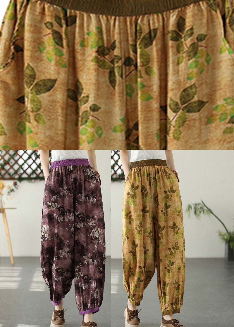 Yellow Wrinkled Elastic Waist Crop Lantern Pants