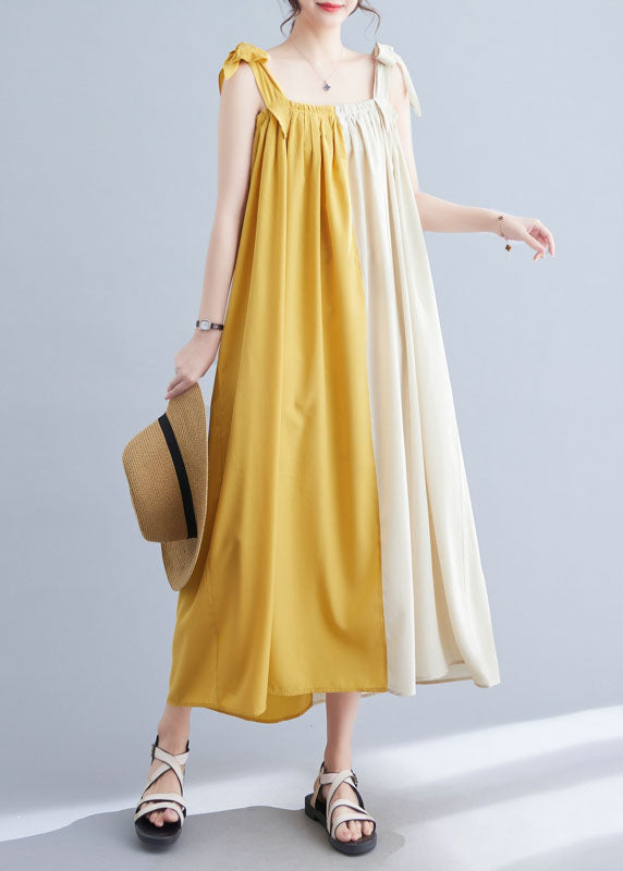 Yellow Wrinkled Patchwork Cotton Summer Beach Dress Sleeveless
