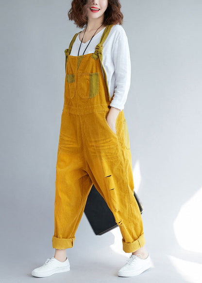 Yellow Pockets Corduroy Ripped Jumpsuits Spring