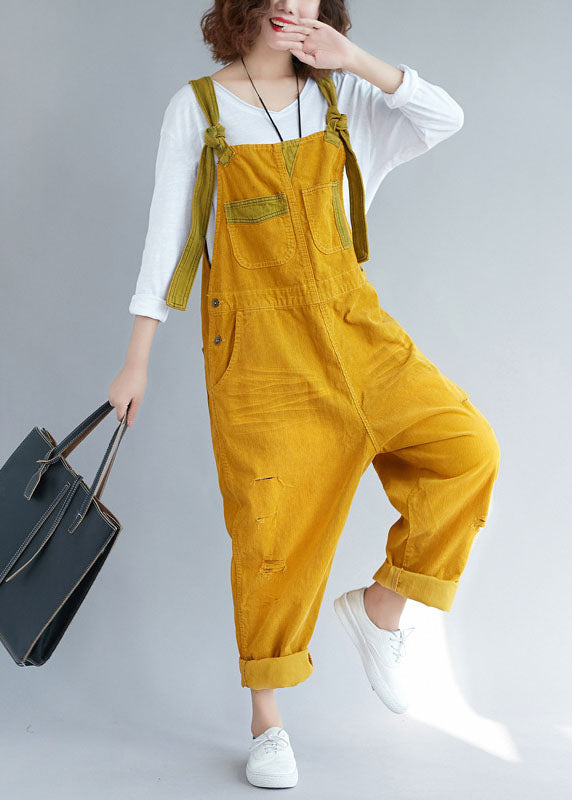 Yellow Pockets Corduroy Ripped Jumpsuits Spring