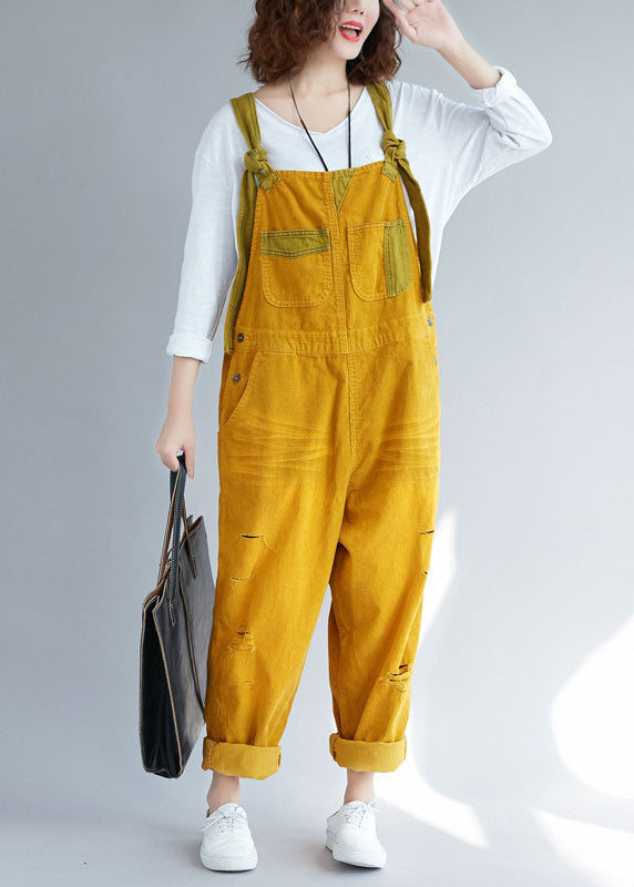 Yellow Pockets Corduroy Ripped Jumpsuits Spring