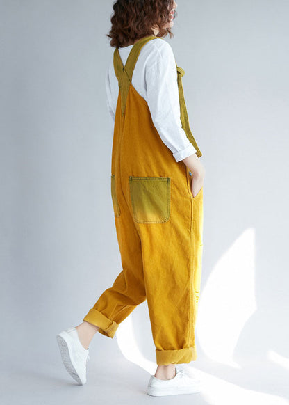 Yellow Pockets Corduroy Ripped Jumpsuits Spring