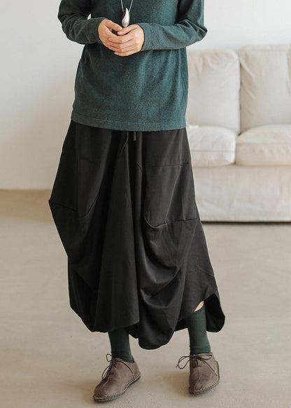 Black Cotton Asymmetric Dresses Elastic Waist Skirt