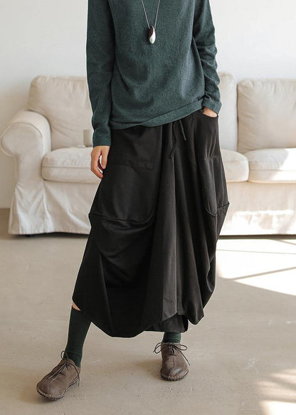 Black Cotton Asymmetric Dresses Elastic Waist Skirt
