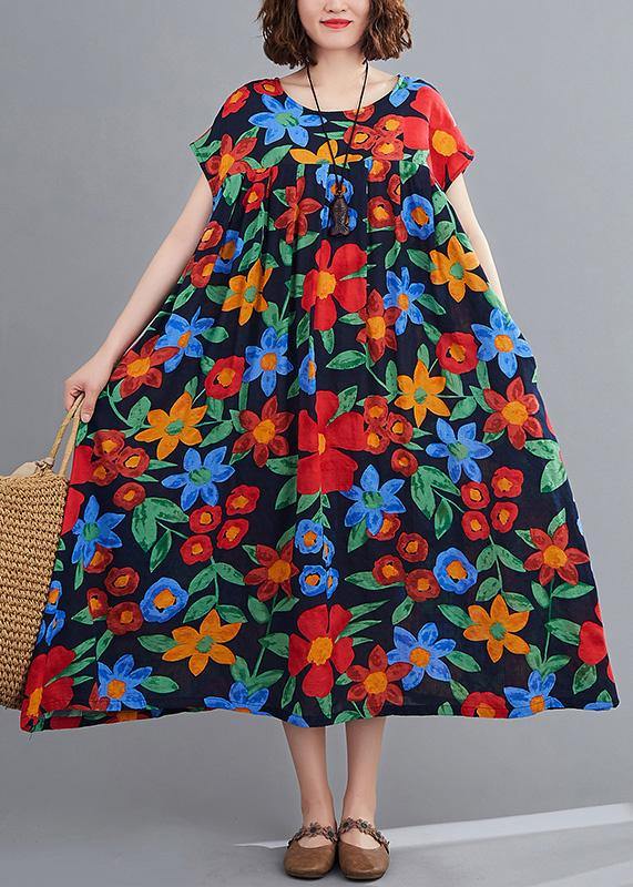 Navy Print Clothes O Neck Pockets Robes Summer Dresses