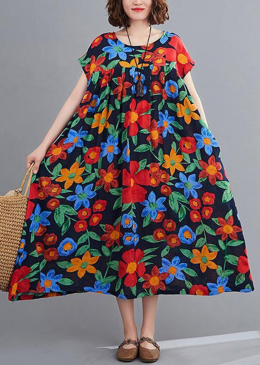 Navy Print Clothes O Neck Pockets Robes Summer Dresses